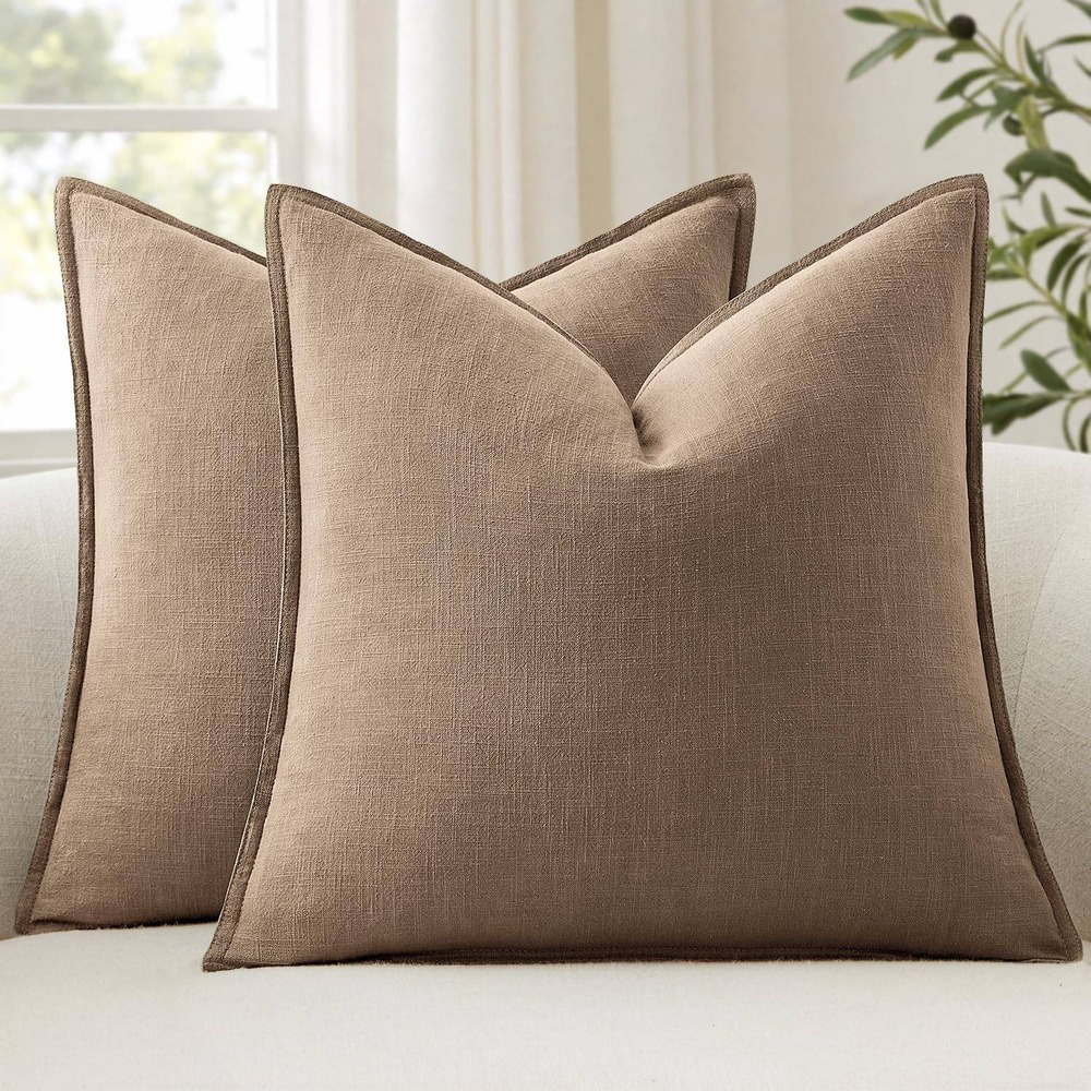Set of 2 CoCo Brown Linen-Like Sofa Throw Pillow Covers 20x20 Square Flange Edge